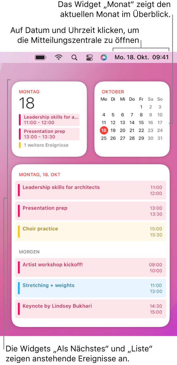 Die drei Kalender-Widgets – das Widget „Als Nächstes“ sowie das Widget „Liste“ zeigen die anstehenden Ereignisse für den aktuellen Tag, und das Widget „Monat“ zeigt den aktuellen Monat. Klicke in der Menüleiste auf Datum und Uhrzeit, um die Mitteilungszentrale zu öffnen und Widgets anzupassen.