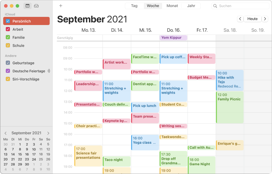 Ein Kalenderfenster in der Monatsansicht mit farbcodierten Privat-, Berufs-, Familien- und Schulkalendern in der Seitenleiste unter der iCloud-Accountüberschrift.