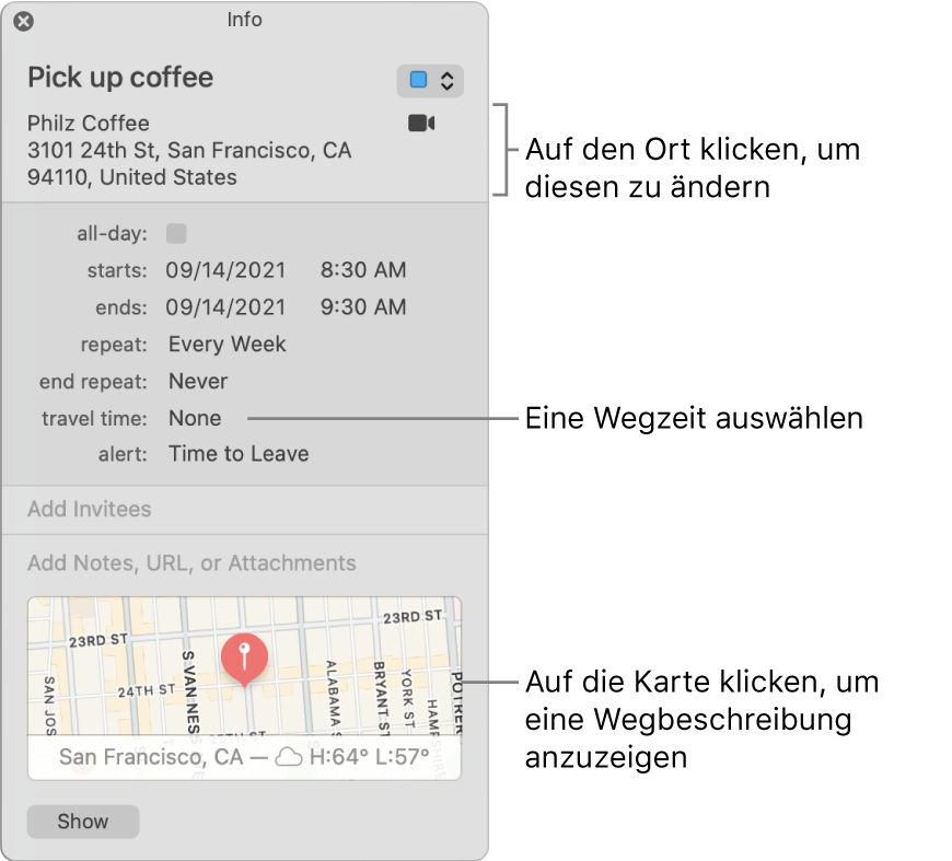 Infofenster für ein Ereignis mit dem Zeiger über dem Einblendmenü „Wegzeit“ Wähle eine Wegzeit aus dem Einblendmenü aus. Klicke auf den Ort, um diesen zu ändern. Klicke auf die Karte, um eine Wegbeschreibung zu erhalten.