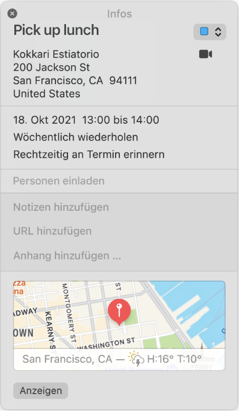 Das Informationsfenster eines Kalender-Ereignisses Die Details werden angezeigt, einschließlich dem Ortsnamen, der Adresse und einer kleinen Karte.