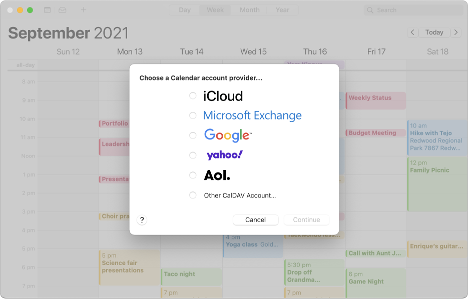 A Calendar window showing the Add Account pane.