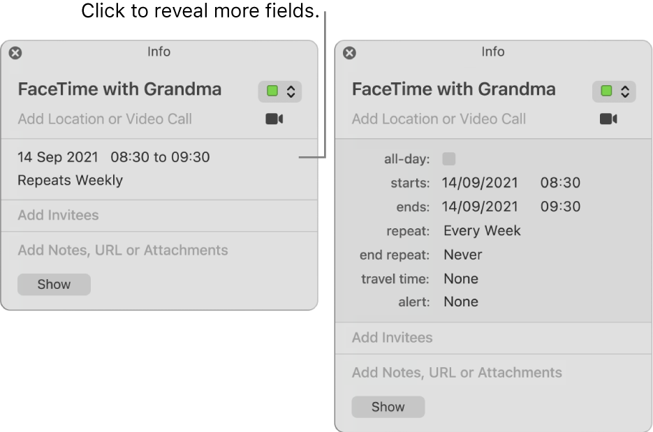 The image on the left shows an unexpanded Info window for an event. On the right, the Info window for the same event is expanded to show additional fields, such as starts, ends, repeat and travel time.