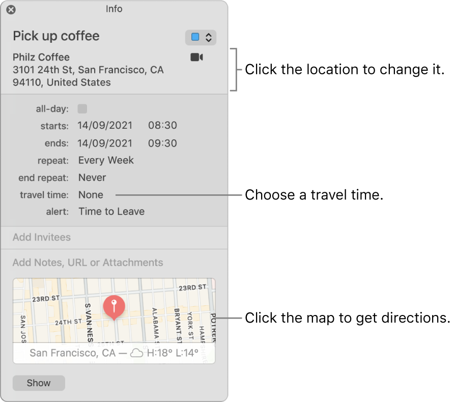 Info window for an event, with the pointer over the Travel Time pop-up menu. Choose a travel time from the pop-up menu. Click the location to change it. Click the map to get directions