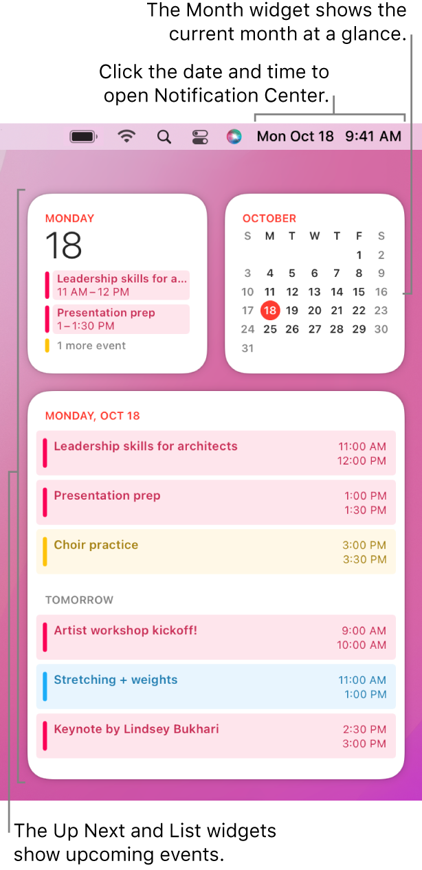 Three Calendar widgets—an Up Next widget and a List widget showing upcoming events for the current day, and a Month widget showing the current month. Click the date and time in the menu bar to open Notification Center and customize widgets.