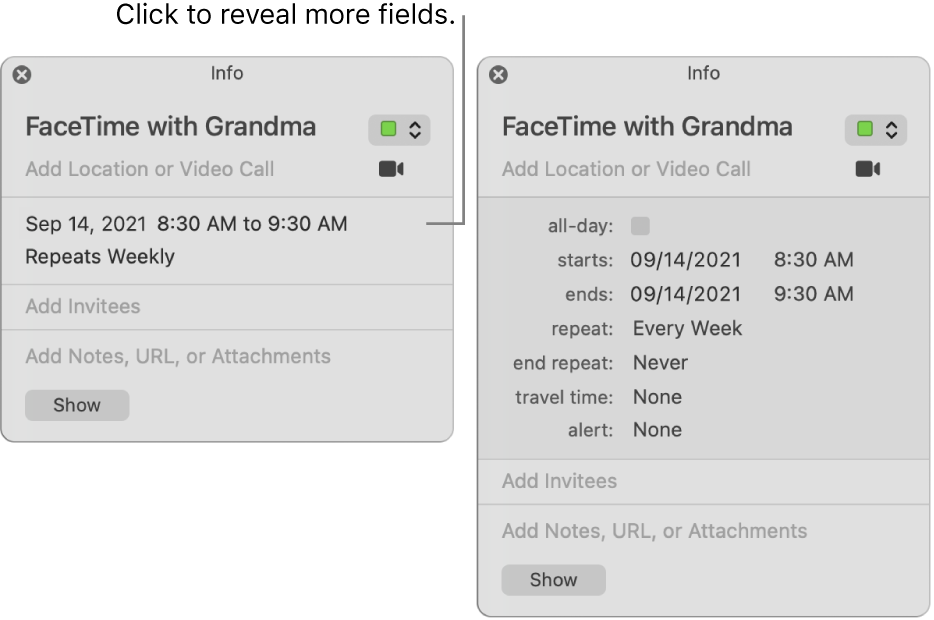 The image on the left shows an unexpanded Info window for an event. On the right, the Info window for the same event is expanded to show additional fields, such as starts, ends, repeat, and travel time.