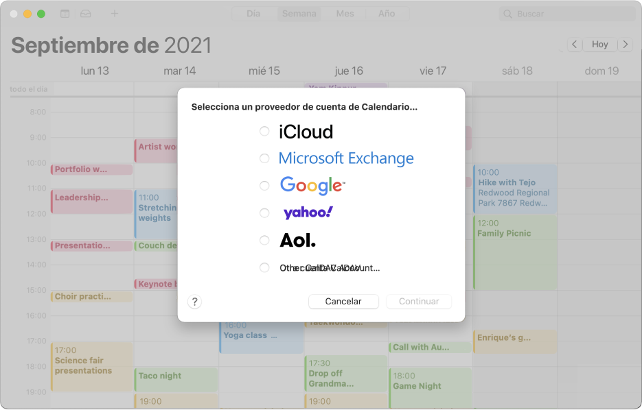 Una ventana de Calendario con el panel “Añadir cuenta”.