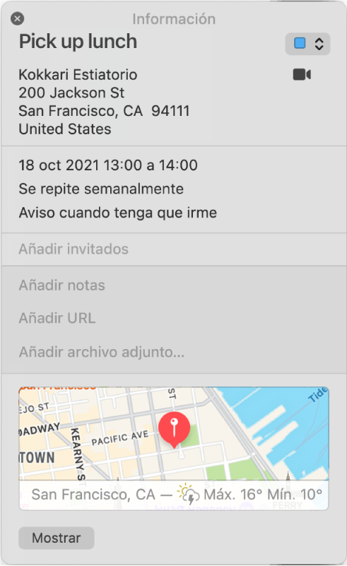 La ventana de información de un evento de Calendario. Se muestran los detalles del evento, que incluyen el nombre y la dirección de la ubicación y un mapa pequeño.