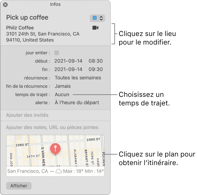 Fenêtre d’informations d’un événement, avec le pointeur sur le menu contextuel Temps de trajet. Choisissez une durée de trajet dans le menu contextuel. Cliquez sur le lieu pour le modifier. Cliquez sur le plan pour obtenir l’itinéraire