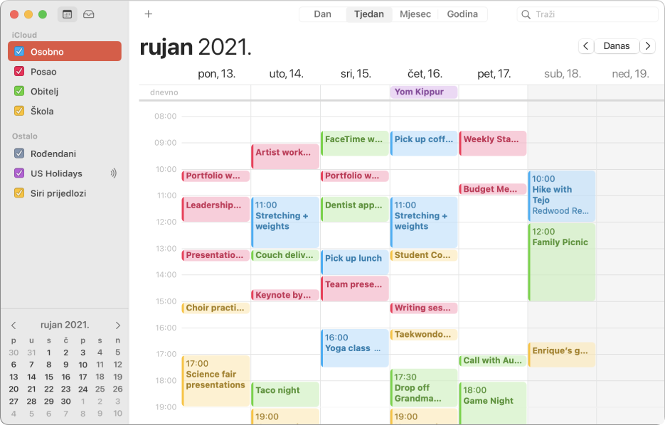 Prozor Kalendar u prikazu Mjesec koji prikazuje događaje kodirane bojom za osobne, poslovne, obiteljske i školske kalendare u rubnom stupcu pod naslovom računa iClouda.