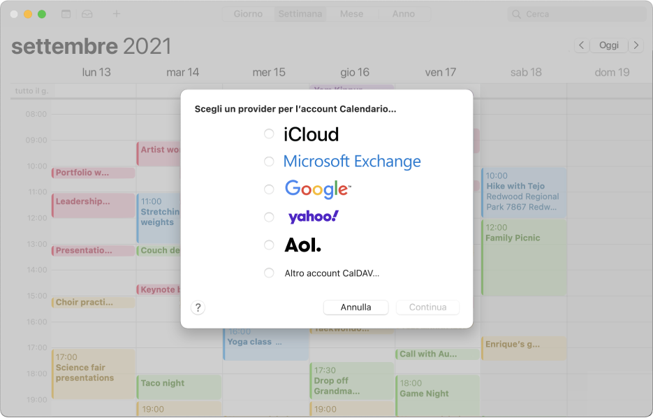 Una finestra di Calendario che mostra il pannello “Aggiungi account”.