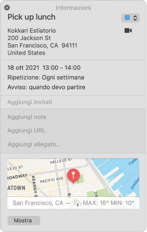 La finestra di informazioni di un evento di Calendario. Vengono mostrati i dettagli dell'evento, tra cui il nome e l'indirizzo del luogo su una piccola mappa.