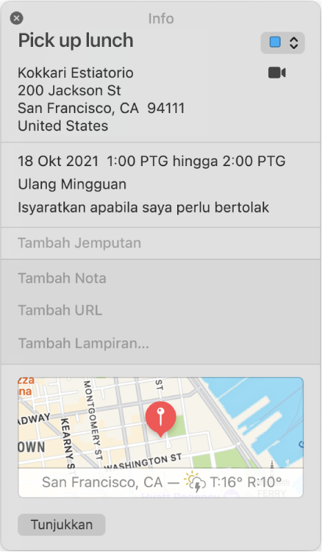 Tetingkap Info peristiwa Kalendar. Butiran peristiwa ditunjukkan, termasuk nama dan alamat lokasi serta peta kecil.
