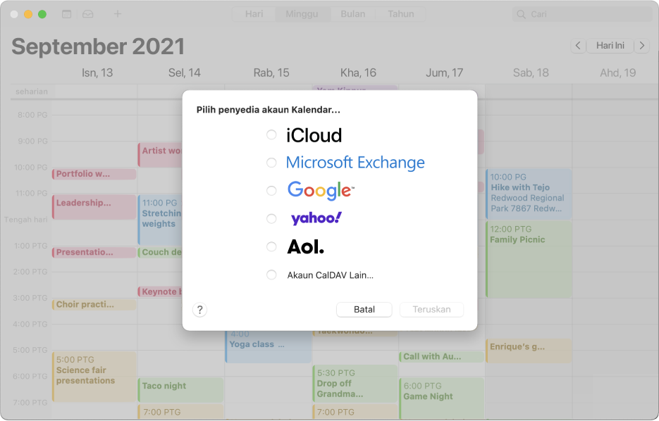 Tetingkap Kalendar menunjukkan anak tetingkap Tambah Akaun.