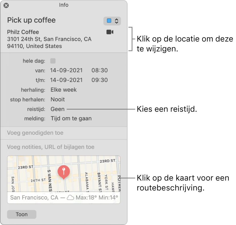 Infovenster voor een activiteit, met de aanwijzer op het venstermenu 'Reistijd'. Kies een reistijd uit het venstermenu. Klik op de locatie om deze te wijzigen. Klik op de kaart voor een routebeschrijving