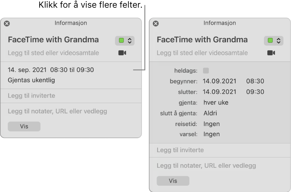 Infovinduet for en hendelse med detaljer skjult (til venstre), og infovinduet for samme hendelse med detaljer om varighet vist (til høyre).