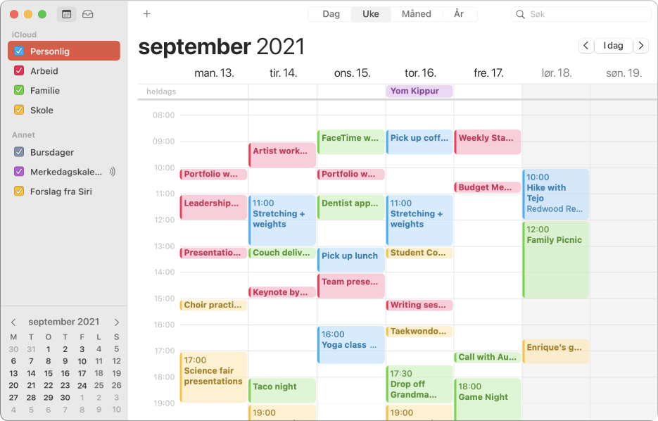 Et Kalender-vindu i månedsvisning som viser fargekodede kalendere for privatliv, jobb, familie og skole i sidepanelet under overskriften for iCloud-kontoen.