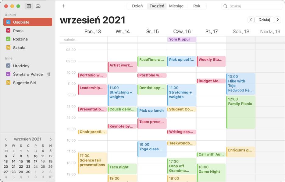 Okno Kalendarza w widoku miesiąca z kalendarzami prywatnym, służbowym, rodzinnym i szkolnym w odpowiednich kolorach, na pasku bocznym pod nagłówkiem iCloud.