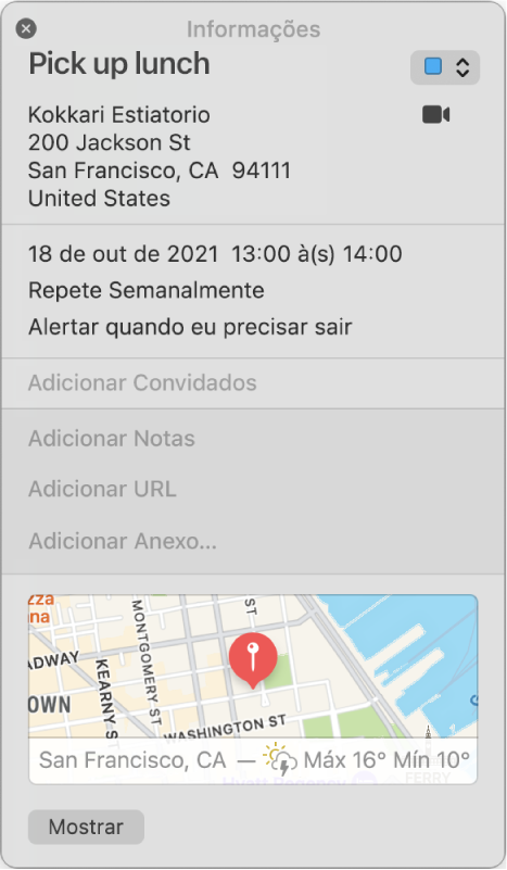 Uma janela de informações de um evento do Calendário. Os detalhes do evento são mostrados, incluindo o nome e o endereço da localização e um mapa pequeno.