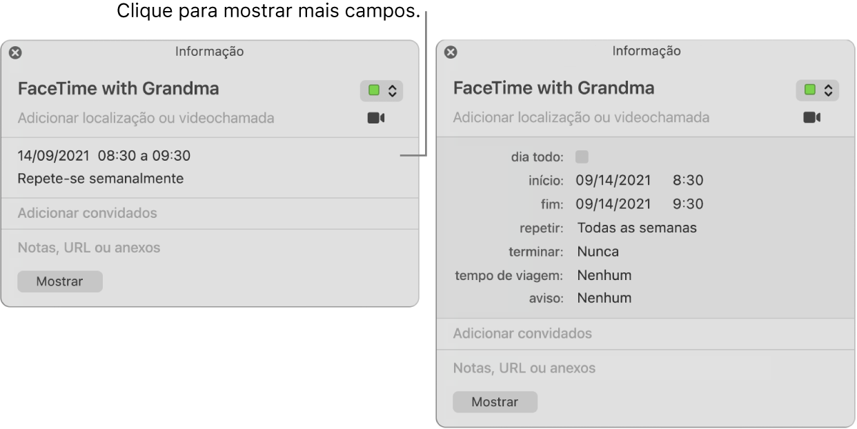 A imagem à esquerda mostra uma janela de informação sobre um evento não expandida. À direita, a janela Informação do mesmo evento está expandida para mostrar os campos adicionais, como início, fim, repetição e tempo de viagem.