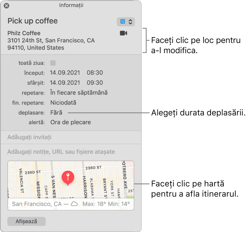 Fereastră de informații pentru un eveniment, având cursorul deasupra meniului pop-up Deplasare. Alegeți o durată de deplasare din meniul pop-up. Faceți clic pe locație pentru a o modifica. Faceți clic pe hartă pentru a afla itinerarul