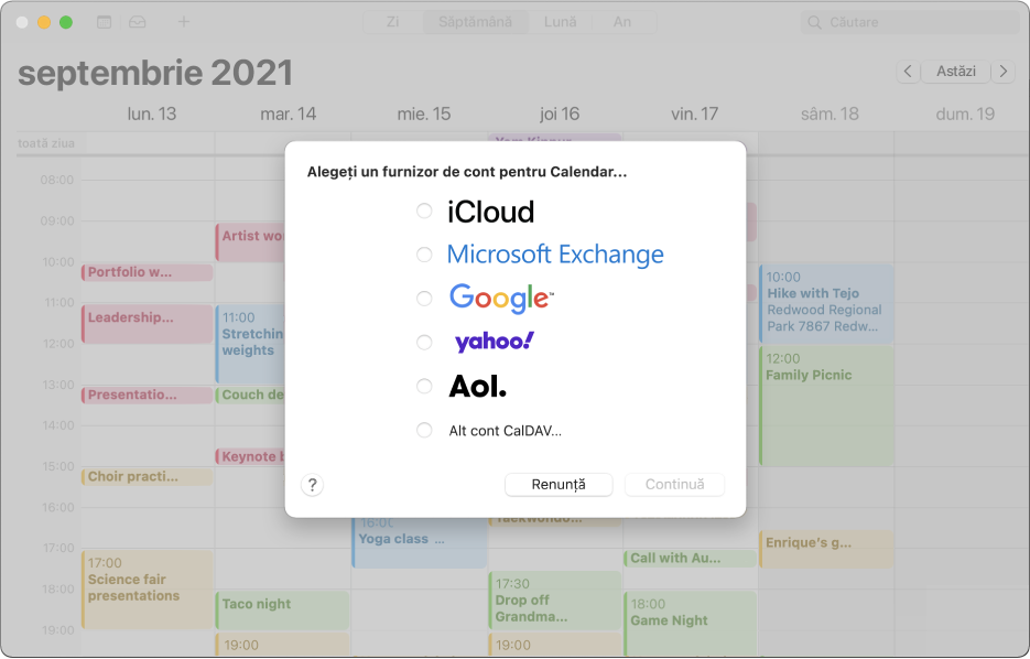 Fereastră Calendar prezentând panoul Adaugă un cont.