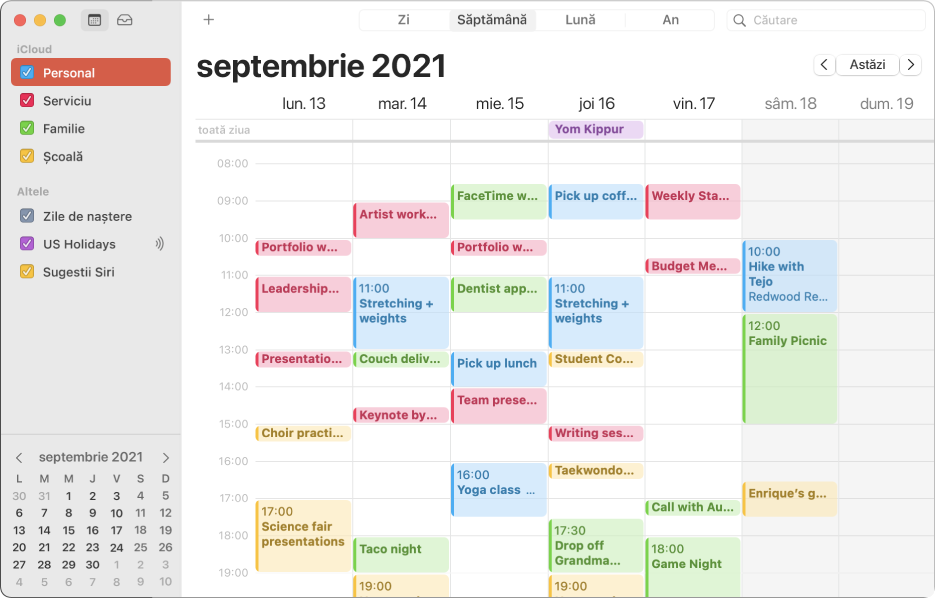 O fereastră Calendar în vizualizarea Lună prezentând calendare personale, profesionale, familiale și școlare cu coduri de culoare în bara laterală, sub antetul de cont iCloud.