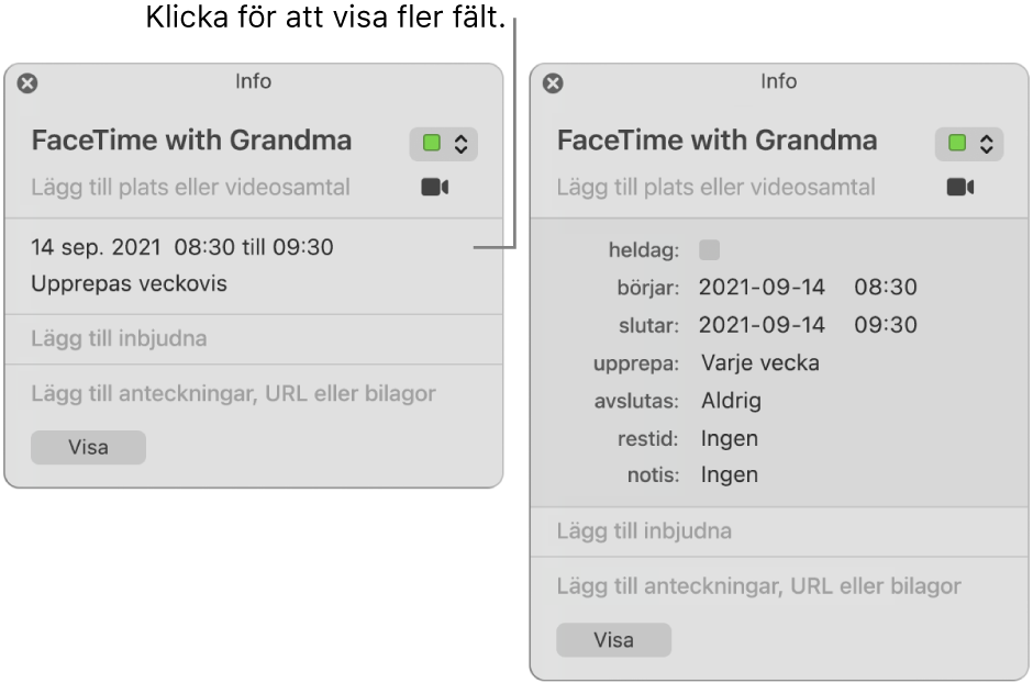 Informationsfönster om en aktivitet med den detaljerade informationen gömd (till vänster) och samma fönster med synlig detaljinformation om tider (till höger).