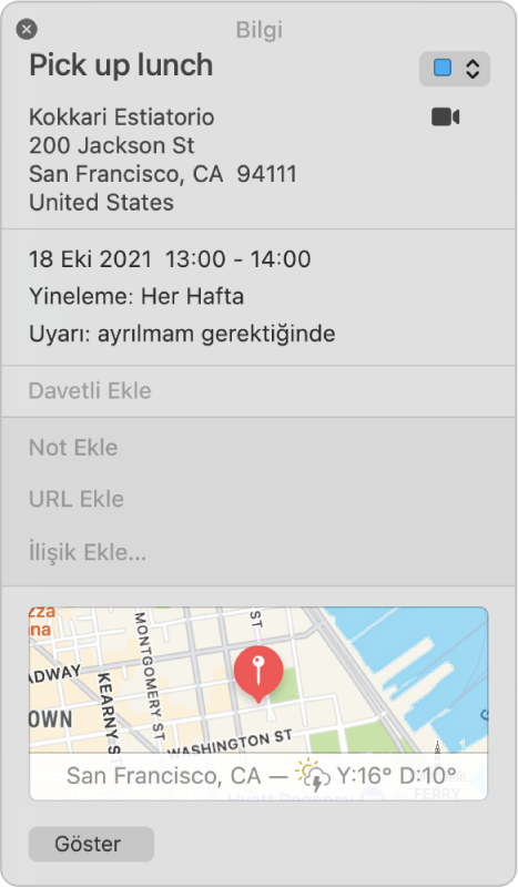 Takvim etkinliğinin Bilgi penceresi. Konum adı, adres ve küçük bir haritanın dâhil olduğu etkinlik ayrıntıları gösterilir.