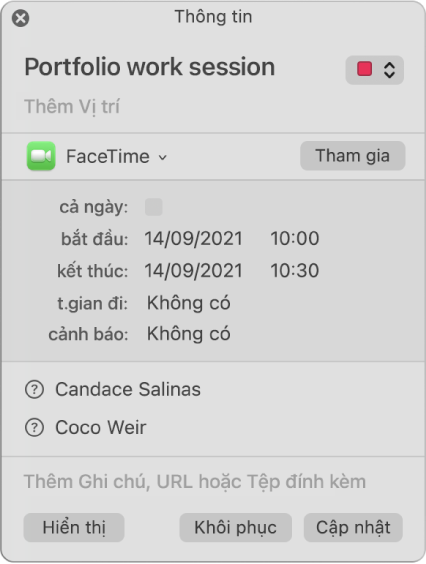 Cửa sổ thông tin cho sự kiện, được cắt xén để chỉ hiển thị người được mời
