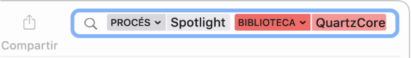 Camp de cerca a la finestra de la Consola, amb els criteris de cerca definits per buscar missatges del procés Spotlight, però no de la biblioteca QuartzCore.