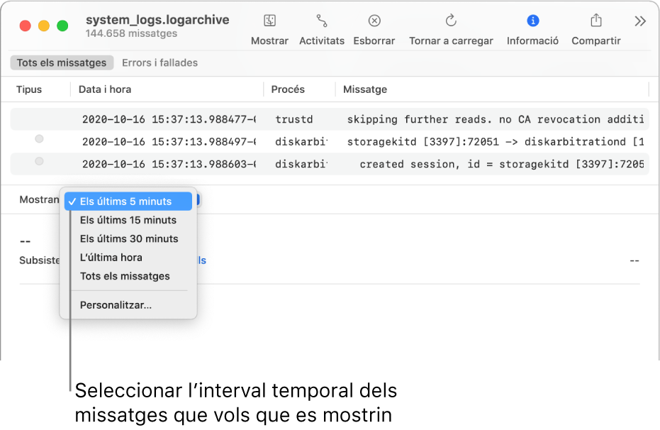 La finestra de l’app Consola mostrant l’arxiu de registre. Selecciona l’interval de temps al camp Mostrant de la part inferior esquerra de la pantalla corresponent als missatges que vols que es mostrin.
