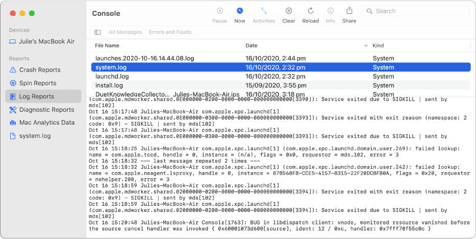 The Console window with the wifi.log report selected and details below.