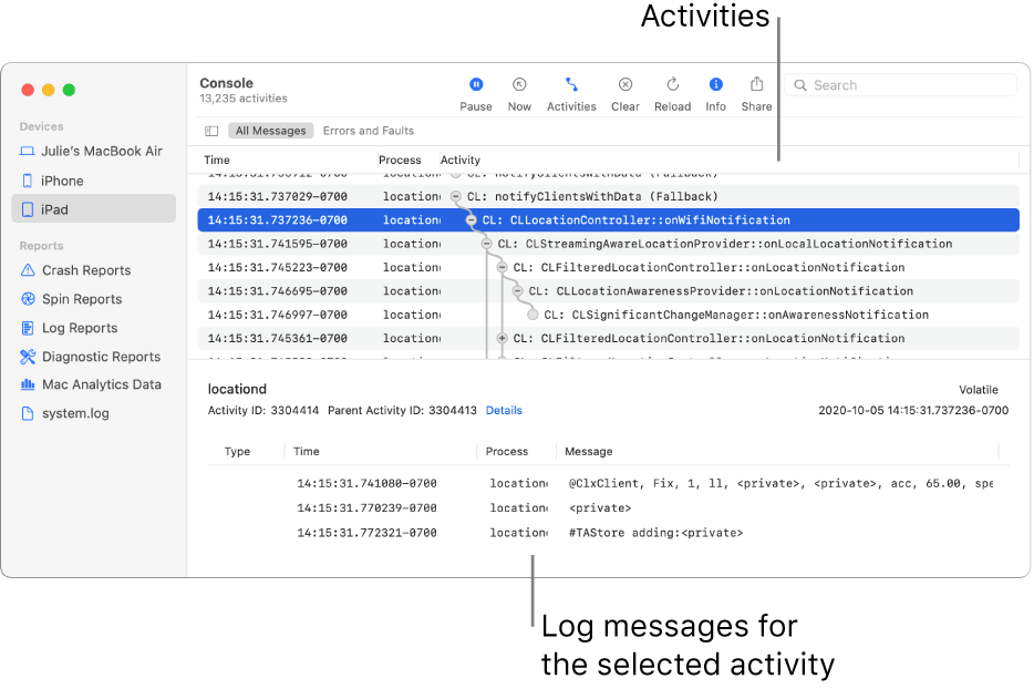 The Console window showing activities on the top and log messages for the selected activity on the bottom.