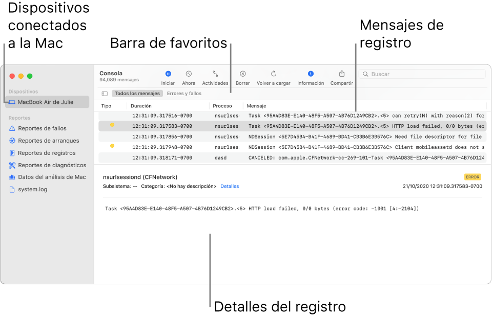 Ventana de Consola mostrando dispositivos conectados a la Mac en la izquierda, mensajes de registro a la derecha, y detalles de los registros en la parte inferior; también hay una barra de favoritos mostrando las búsquedas guardadas.