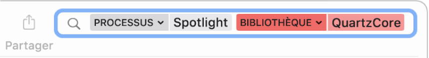 Champ de recherche dans la fenêtre de Console avec le critère de recherche configuré pour rechercher des messages issus du processus Spotlight, mais pas de la bibliothèque QuartzCore.