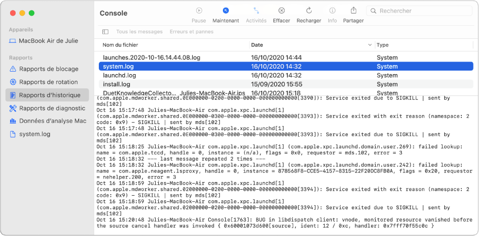 Fenêtre de Console présentant le rapport wifi.log sélectionné et des détails en dessous.