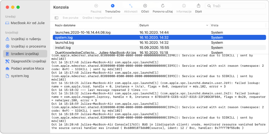 Prozor Konzole s odabranim izvješćem wifi.log i pojedinostima ispod.