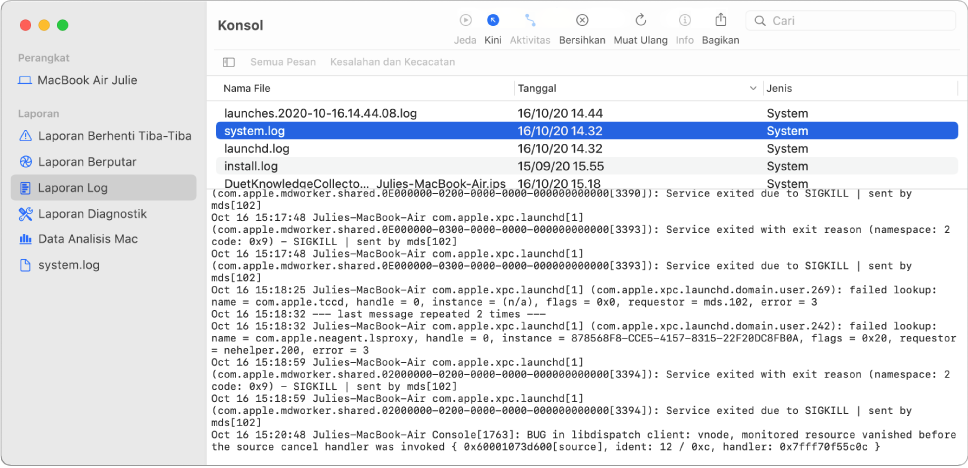 Jendela Konsol dengan laporan wifi.log dipilih dan detail di bawah.
