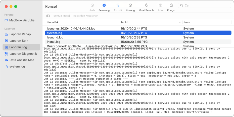 Tetingkap Konsol dengan laporan wifi.log dipilih dan butiran di bahagian bawah.
