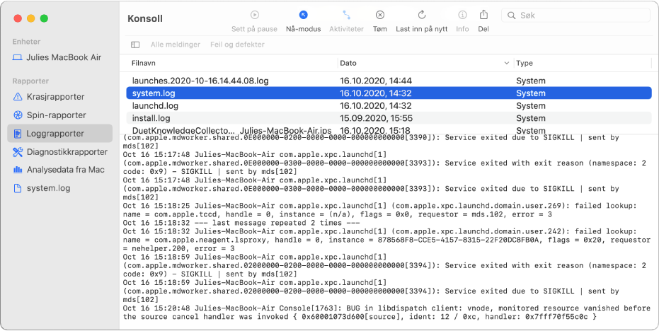 Konsoll-vinduet, med wifi.log-rapporten markert og detaljer nedenfor.