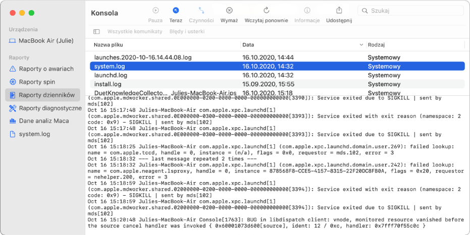 Okno Konsoli z zaznaczonym raportem wifi.log oraz szczegółami widocznymi poniżej.