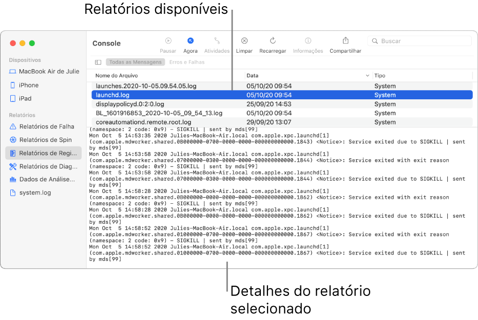 A janela do Console mostrando categorias de relatório na barra lateral, relatórios na parte superior e à direita da barra lateral e detalhes de relatório abaixo.