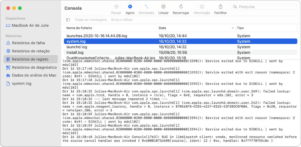 A janela da Consola com o relatório wifi.log selecionado e detalhes por baixo.