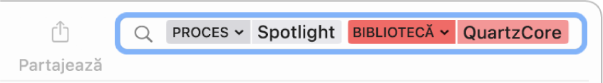 Câmpul de căutare din fereastra Consolă având configurate criteriile de căutare pentru găsirea mesajelor din procesul Spotlight, dar nu și din biblioteca QuartzCore.