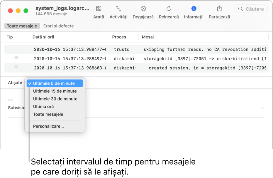 Fereastra aplicației Consolă afișând arhiva de jurnale. Alegeți un interval de timp din câmpul Se afișează din partea din stânga jos a ecranului pentru mesajele pe care doriți să le afișați.