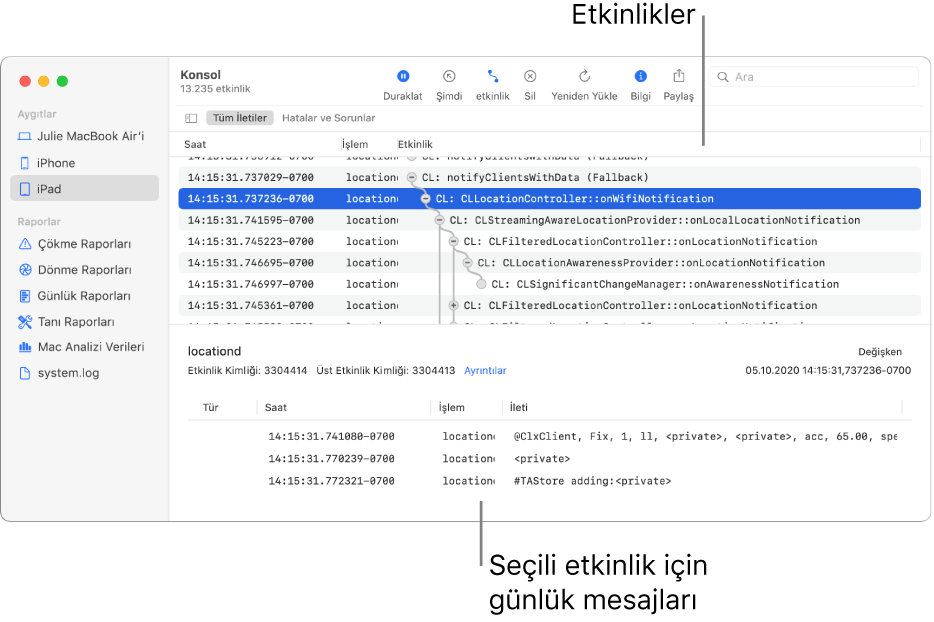 Üst tarafta etkinlikleri, alt tarafta ise seçilen etkinliklerin günlük iletilerini gösteren konsol penceresi.