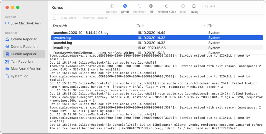 wifi.log raporunun seçili olduğu ve aşağıda ayrıntıların bulunduğu Konsol penceresi.
