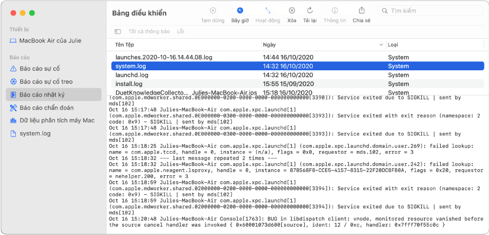 Cửa sổ Bảng điều khiển với báo cáo wifi.log được chọn và thông tin chi tiết bên dưới.