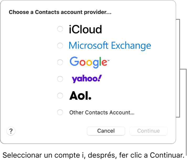 Llista de tipus de comptes d’internet que pots afegir a l’app Contactes: iCloud, Exchange, Google, Yahoo, AOL i “Un altre compte Contactes…”.