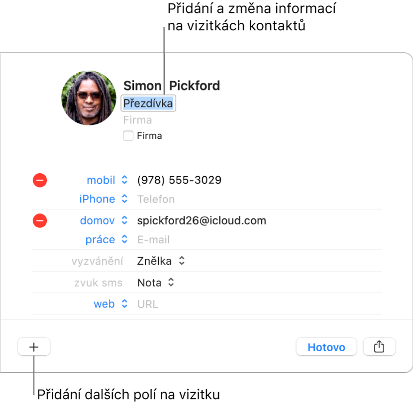 Vizitka kontaktu na níž je pod jménem kontaktu zobrazeno pole s přezdívkou a na dolním okraji okna tlačítko pro přidání dalších polí do vizitky